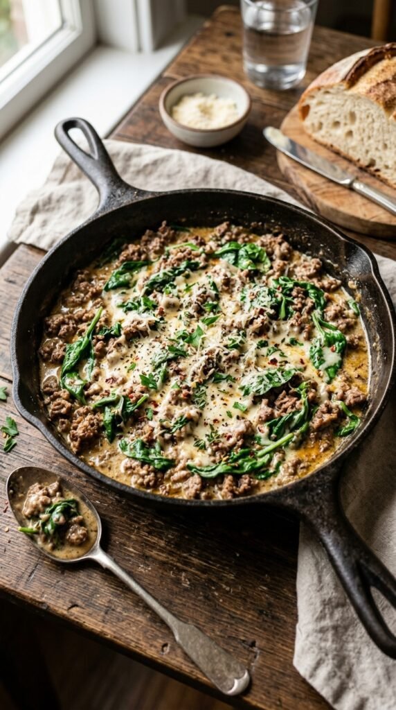 Creamy Garlic Beef with Spinach