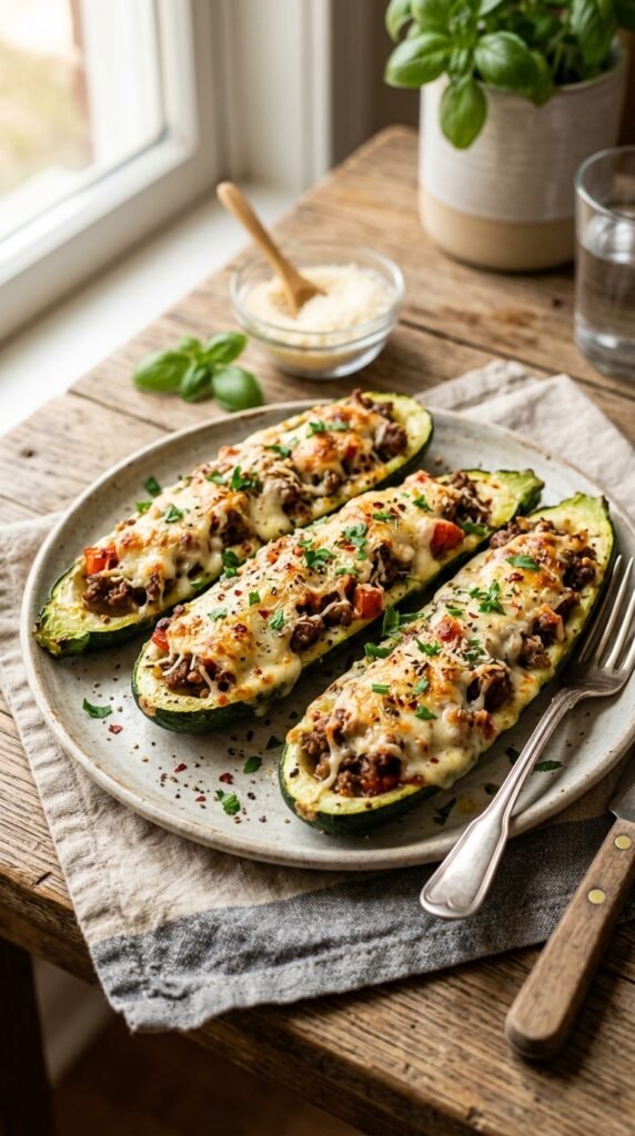 Keto Beef Stuffed Zucchini Boats
